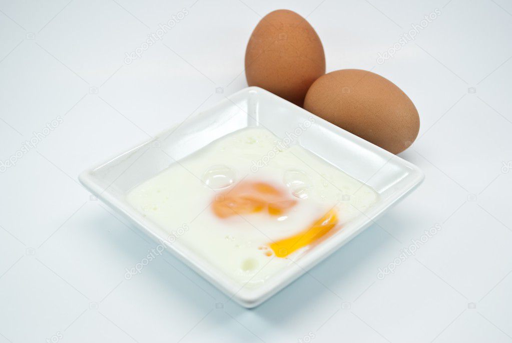 Fried egg in white bowl isolated before white background