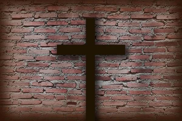 Croce di Cristo in un muro di mattoni come sfondo, muro grunge — Foto Stock