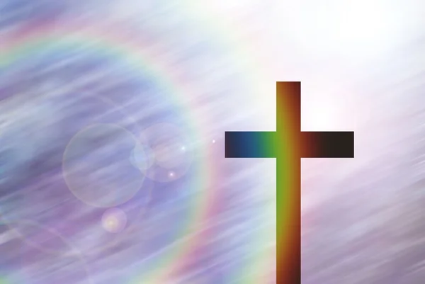 Christ cross on abstract motion blur background with lighting lens flare and rainbow for webdesign, colorful background, blurred, wallpaper — Stock Photo, Image