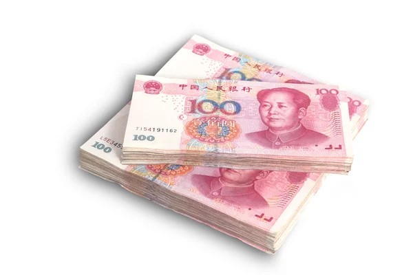 Yuan banknotów z waluty w Chinach, chiński banknotów na białym tle — Zdjęcie stockowe