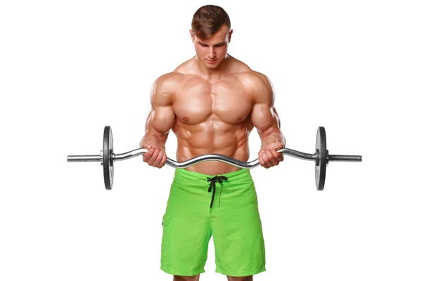 Muscular man working out doing exercises with barbell at biceps, strong male naked torso abs, isolated over white background — Stock Photo, Image