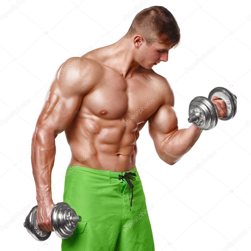 Muscular man working out doing exercises with dumbbells at biceps, strong male naked torso abs, isolated over white background