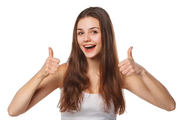 Sorrindo jovem feliz mostrando polegares para cima, isolado no fundo branco — Fotografia de Stock