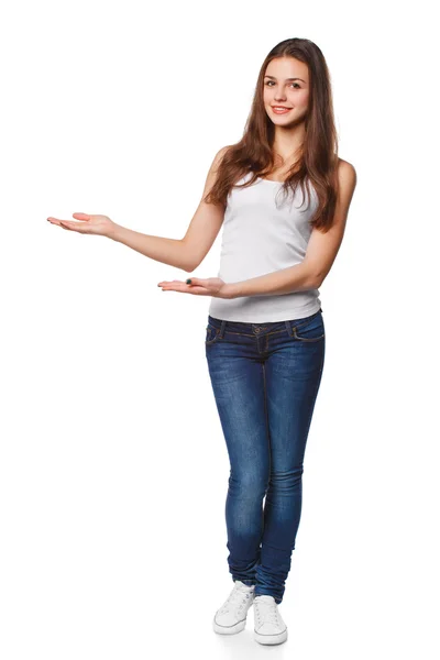 Smiling woman showing open hand palm with copy space for product or text — Stock Photo, Image