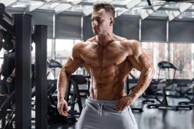 Spor salonunda çalışan kaslı bir adam. Güçlü erkek çıplak gövde kasları