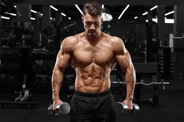 Uomo Muscolare Che Lavora Palestra Forte Maschio Nudo Torso Abs — Foto Stock