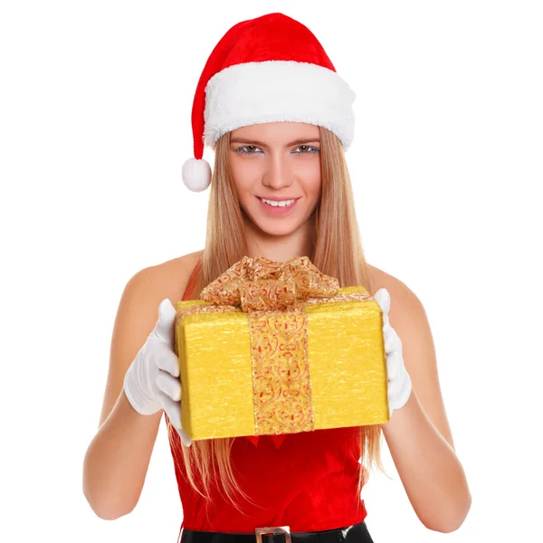 Beautiful sexy girl wearing santa claus clothes with christmas gift. Isolated on white background — Stock Photo, Image