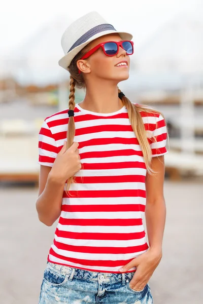 Beautiful sexy girl in striped t-shirt — Stock Photo, Image