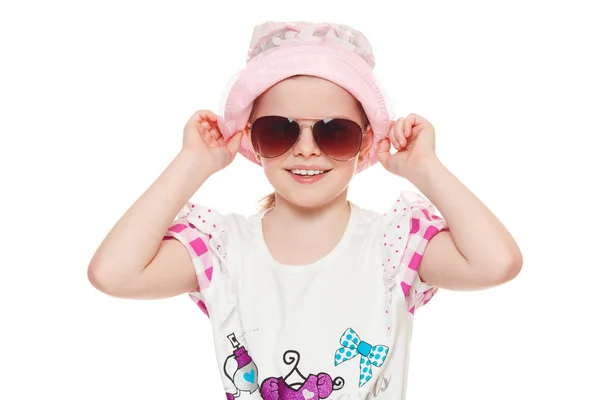 Fashionable little cute girl in sunglasses and hat summer, isolated on white background — Stock Photo, Image