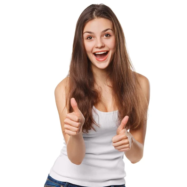 Smiling happy young woman showing thumbs up, isolated on white background — Stock Photo, Image