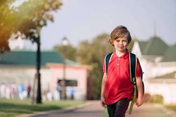 The schoolboy returns from school in a good mood