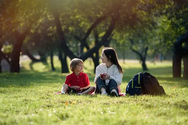 Schulkinder Sitzen Einem Sonnigen Tag Auf Dem Park Studenten Und Stockbild