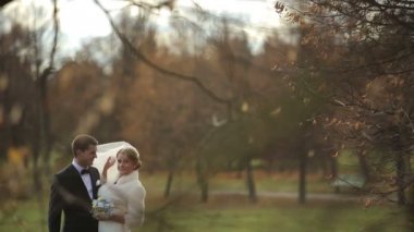 Sonbahar Park'ta yürüyordunuz yeni evliler gülümseyen mutlu evlilik çift