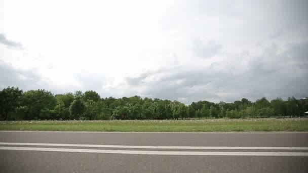 Bambina in bicicletta nel parco su una bici rosa. Rallentatore — Video Stock