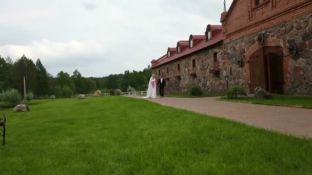 Braut und Bräutigam beim Spaziergang im Park des alten Gehöfts. Kamerakran zum Aufnehmen verwendet — Stockvideo