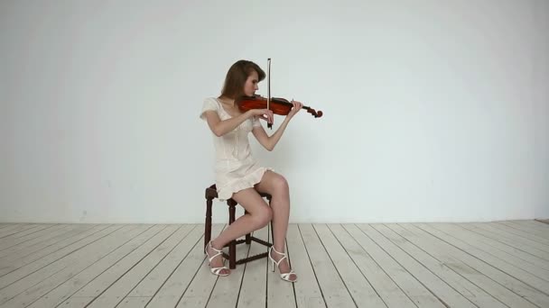 Ragazza violinista caucasica su uno sfondo bianco . — Video Stock