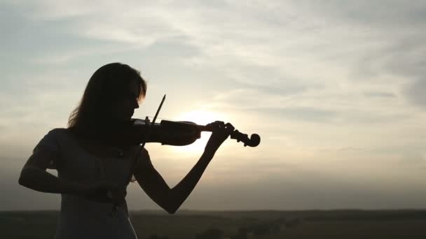 Silhouet meisje violist spelen van de viool bij zonsondergang hemelachtergrond. Long shot. Kleur v.2 — Stockvideo