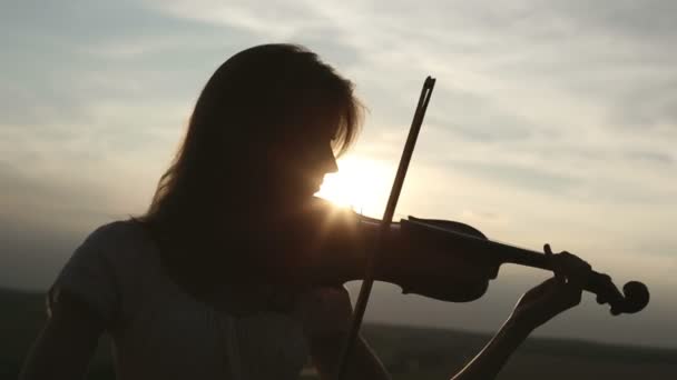 Silhouette Mädchen Geigerin spielt Geige bei Sonnenuntergang Himmel Hintergrund. Weitschuss. Farbe v.2 — Stockvideo