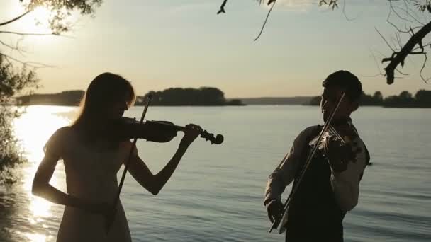 Geigenduett Mann und Frau spielen Geige in der Natur beim Sonnenuntergang am See — Stockvideo