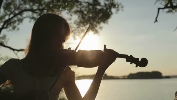 Geigerin spielt Geige am See bei Sonnenuntergang — Stockvideo