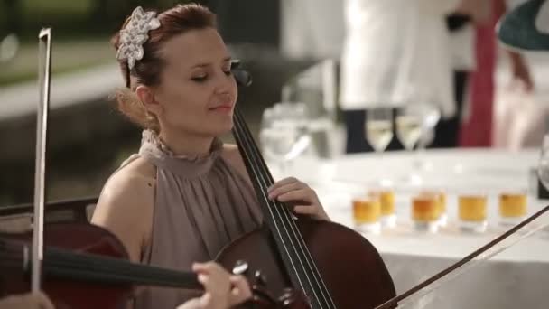 Musical quartet. Girl playing cello in a quartet of violinists. — Stock Video