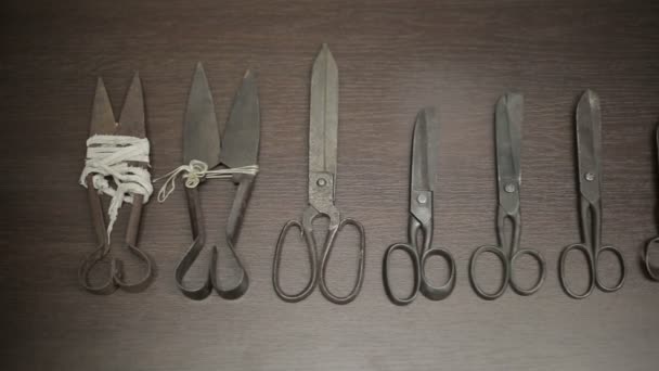 Collection of scissors on the table designer. — Stock Video