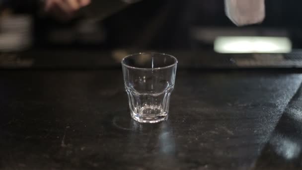 Barman leje szkockiej whisky z lodem na pasku. Strzał z suwakiem — Wideo stockowe