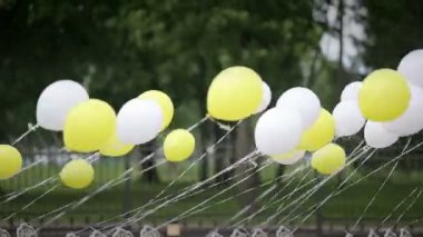 Sandalyeye bağlı beyaz ve sarı balonları rüzgarda geliştirilen