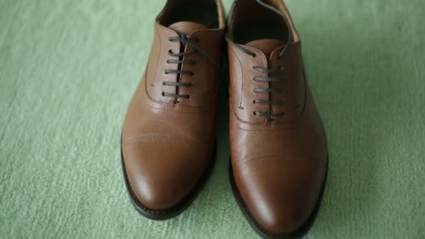 Brown leather shoes on a green background — Stock Video