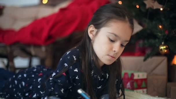 Das Mädchen schreibt einen Brief an den Weihnachtsmann. Kugelstoßer — Stockvideo