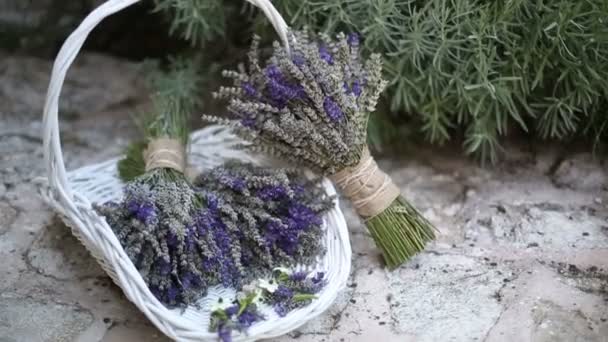 Bos van lavendel in een witte mand — Stockvideo