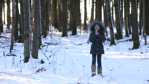 Dziecko jest w lesie, zimą. — Wideo stockowe