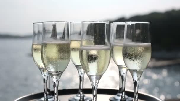 トレイ グラス シャンパン手ウェイター、夕焼けの海の背景で。クローズ アップ — ストック動画