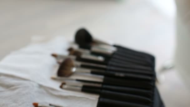 Brush make-up on the table. Makeup artist takes the brush — Wideo stockowe