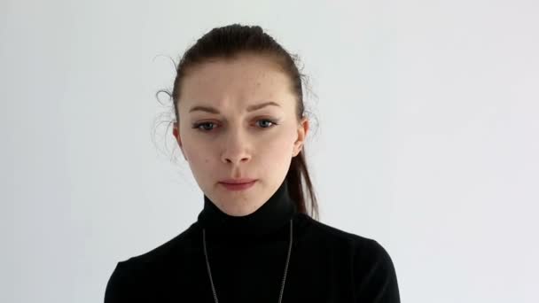 Unhappy sad woman isolated at white background — Stock Video