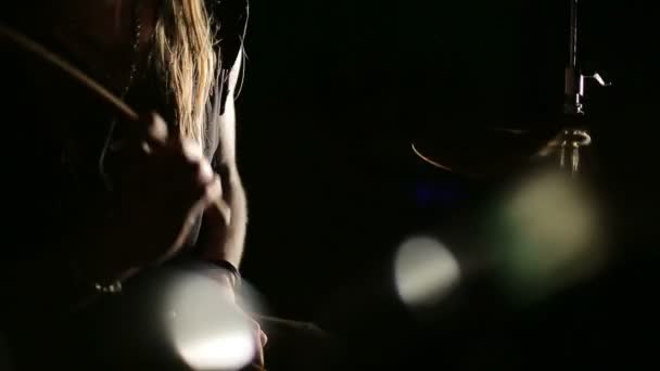 Drummer of black metal band. Close up face at dark background — Stock Video