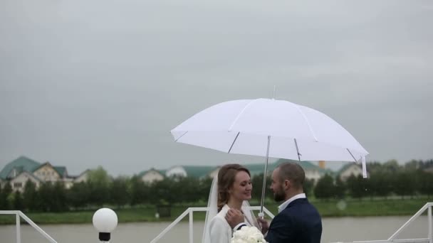Couple marié marchant par temps de pluie sur la terrasse avec parasol — Video