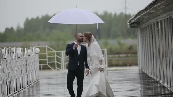 Couple marié marchant dans la journée pluvieuse sur la terrasse avec parasol. Mouvement lent — Video