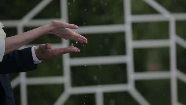 Manos de una pareja amorosa disfrutando de la lluvia — Vídeos de Stock