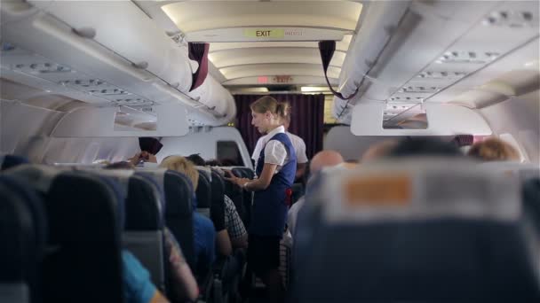 Turecko, strana - 1. června 2015: Letuška "Ural Airlines" slouží rozdávali jídlo cestujícím — Stock video