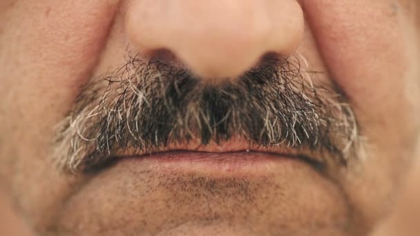 Retrato de un hombre malvado con bigote, con dientes de hierro. Primer plano lente macro — Vídeos de Stock