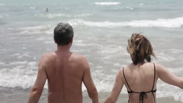 Heureux couple de personnes âgées marchant ensemble dans la mer — Video