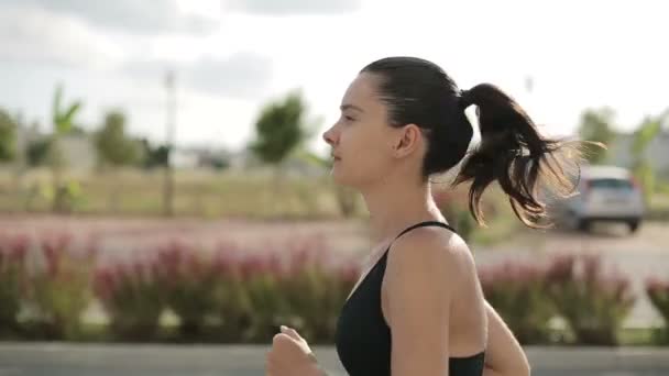 Fitness jogger kör på tropisk park fitness jogging träning — Stockvideo