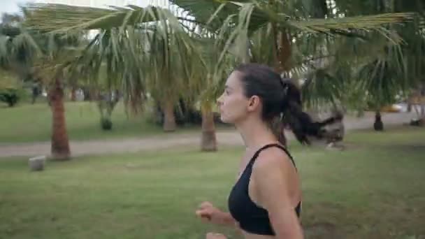 Jogger fitness działa w tropikalnym parku fitness jogging treningu — Wideo stockowe
