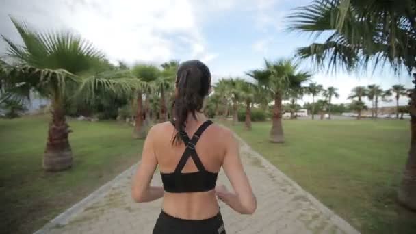 Corredor de fitness correndo no parque tropical treino de corrida de fitness — Vídeo de Stock