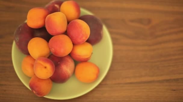 Aprikoser och persikor i en skål på ett träbord — Stockvideo