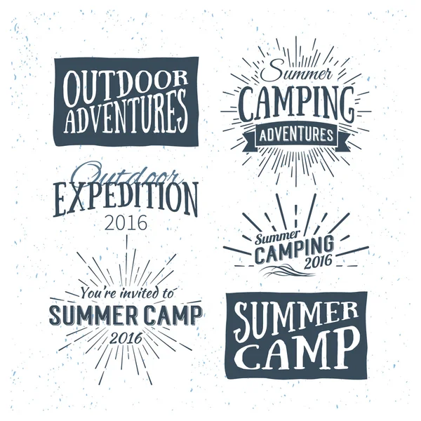 Vintage summer camp badges and outdoor adventure logos, emblems — Stok Vektör