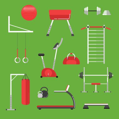 Spor ekipmanları düz simgeler izole. Spor eğitimi, vücut geliştirme ve aktif yaşam tarzı, fitness ekipmanları. Fitness spor spor kulübü vektör simgesi. Spor ekipmanları simgeleri izole. Atlet ve Spor ekipmanları