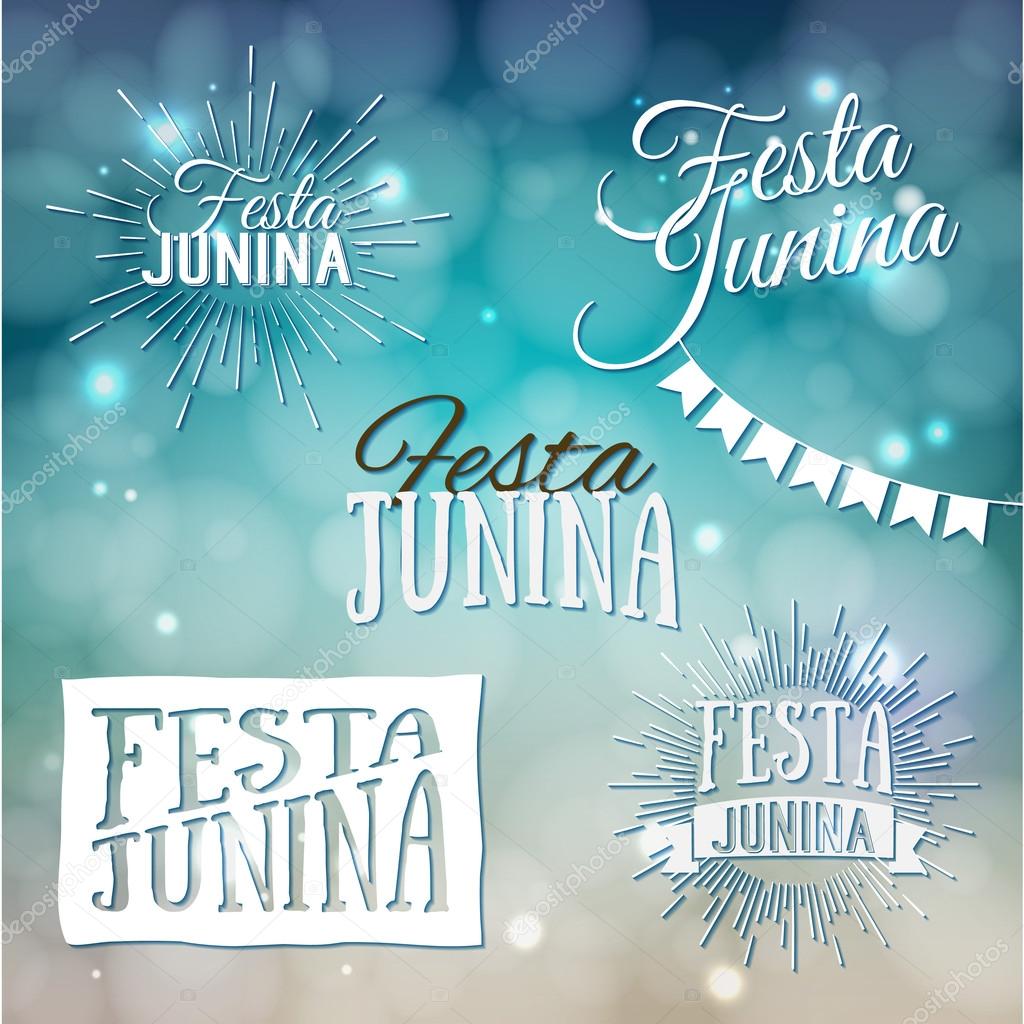 Vector Illustration design of Festa Junina logos set on blue background. Traditional Brazil June festival party, Midsummer holiday. Latin American holiday