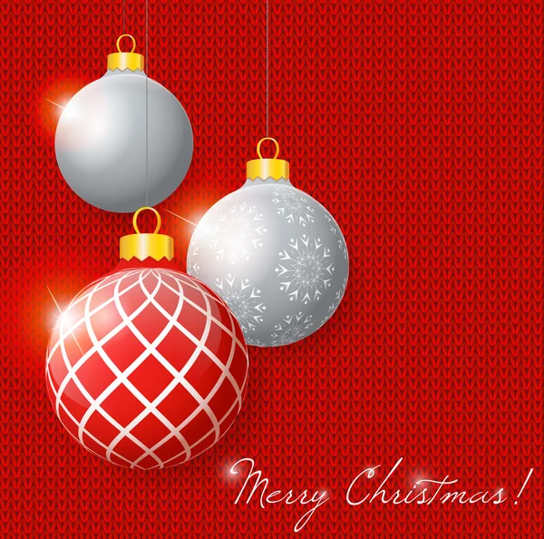 Illustration suspendue boules multicolores de Noël sur fond tricoté . — Image vectorielle